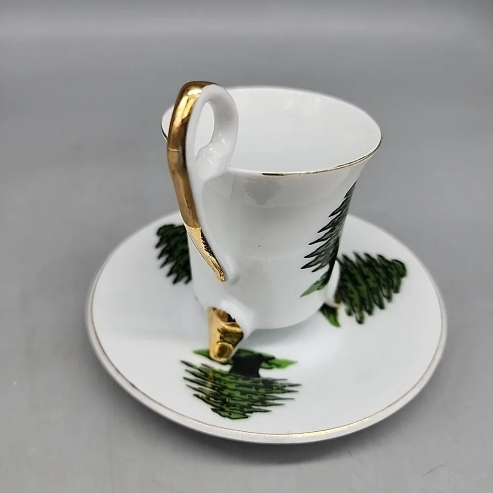 vintage Footed teacup and saucer set green Tree Made In Japan Gold Rim